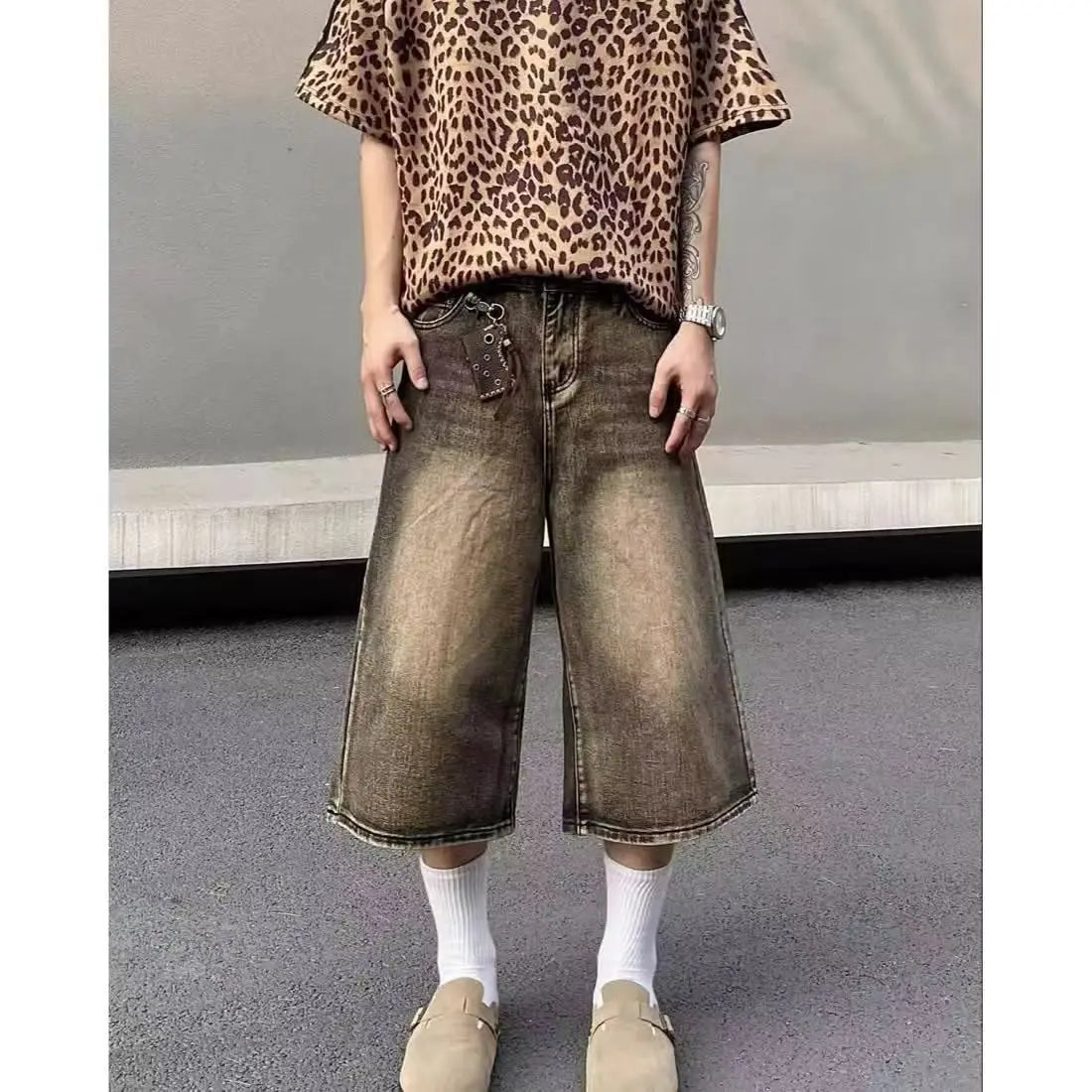 American retro cropped men wide leg jeans