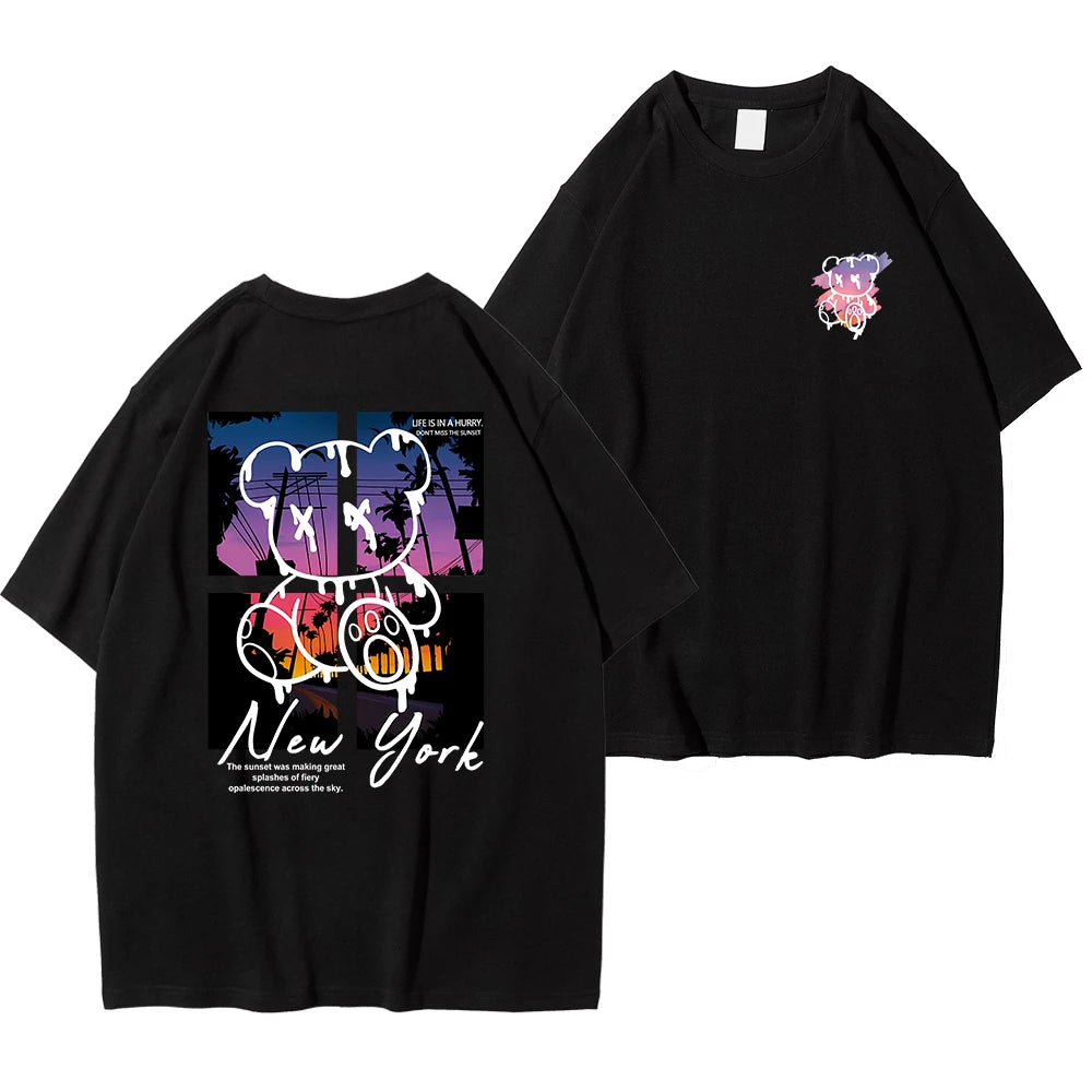 New York Art Word Cartoon Bear Sunset Scenery Design T Shirts