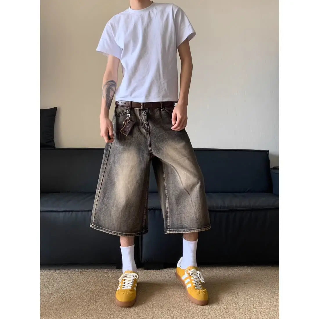 American retro cropped men wide leg jeans