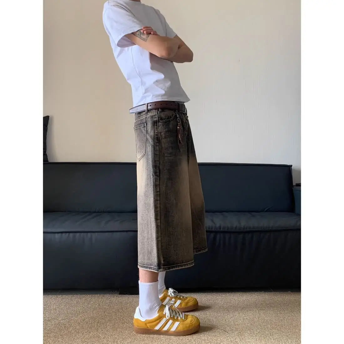 American retro cropped men wide leg jeans
