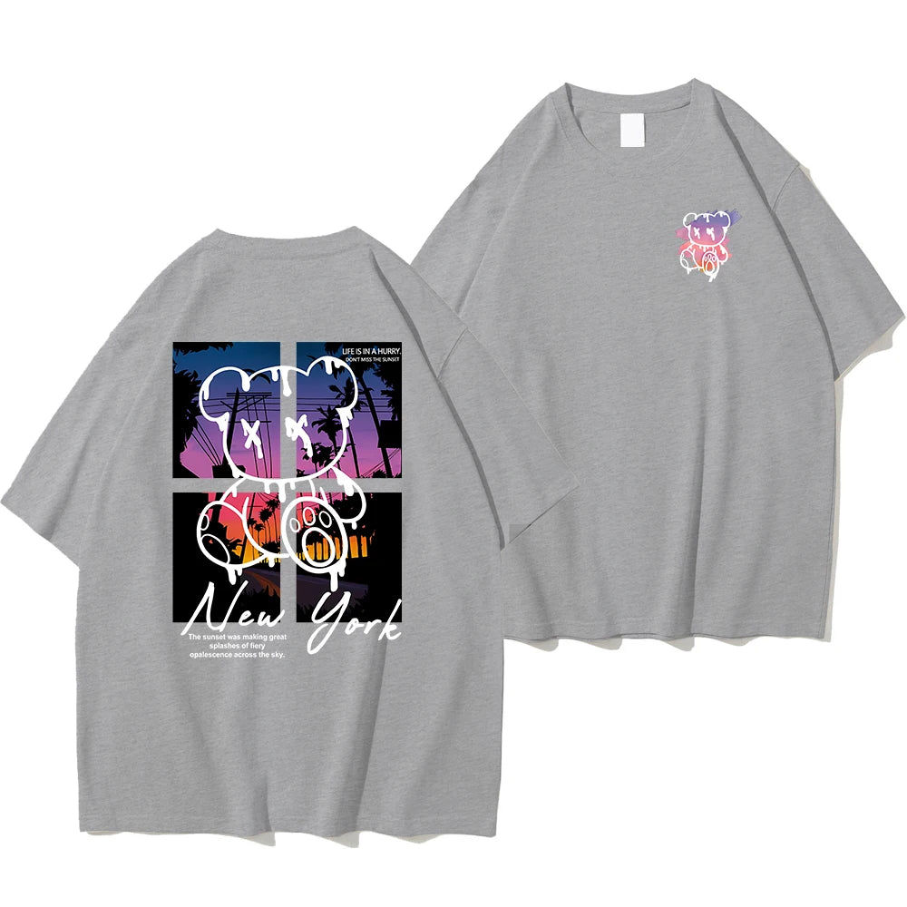 New York Art Word Cartoon Bear Sunset Scenery Design T Shirts