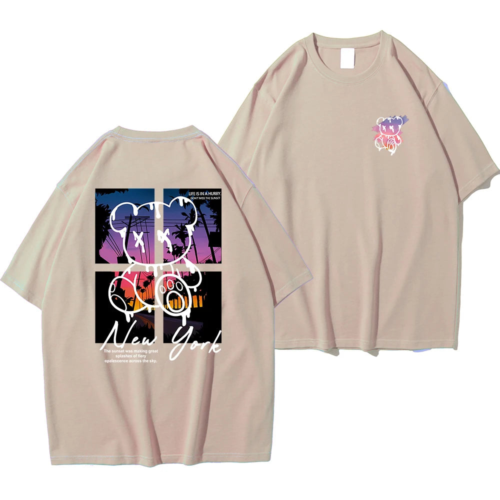 New York Art Word Cartoon Bear Sunset Scenery Design T Shirts