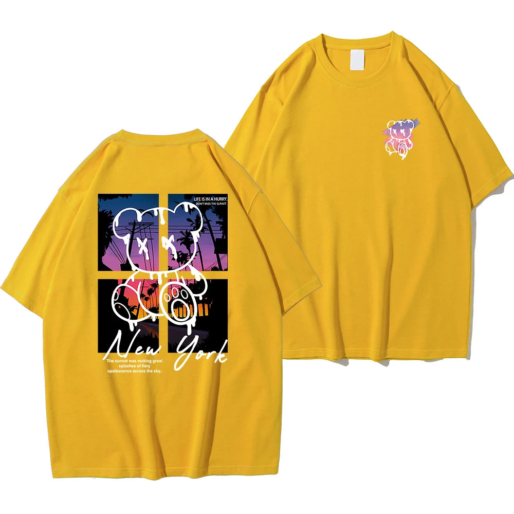 New York Art Word Cartoon Bear Sunset Scenery Design T Shirts