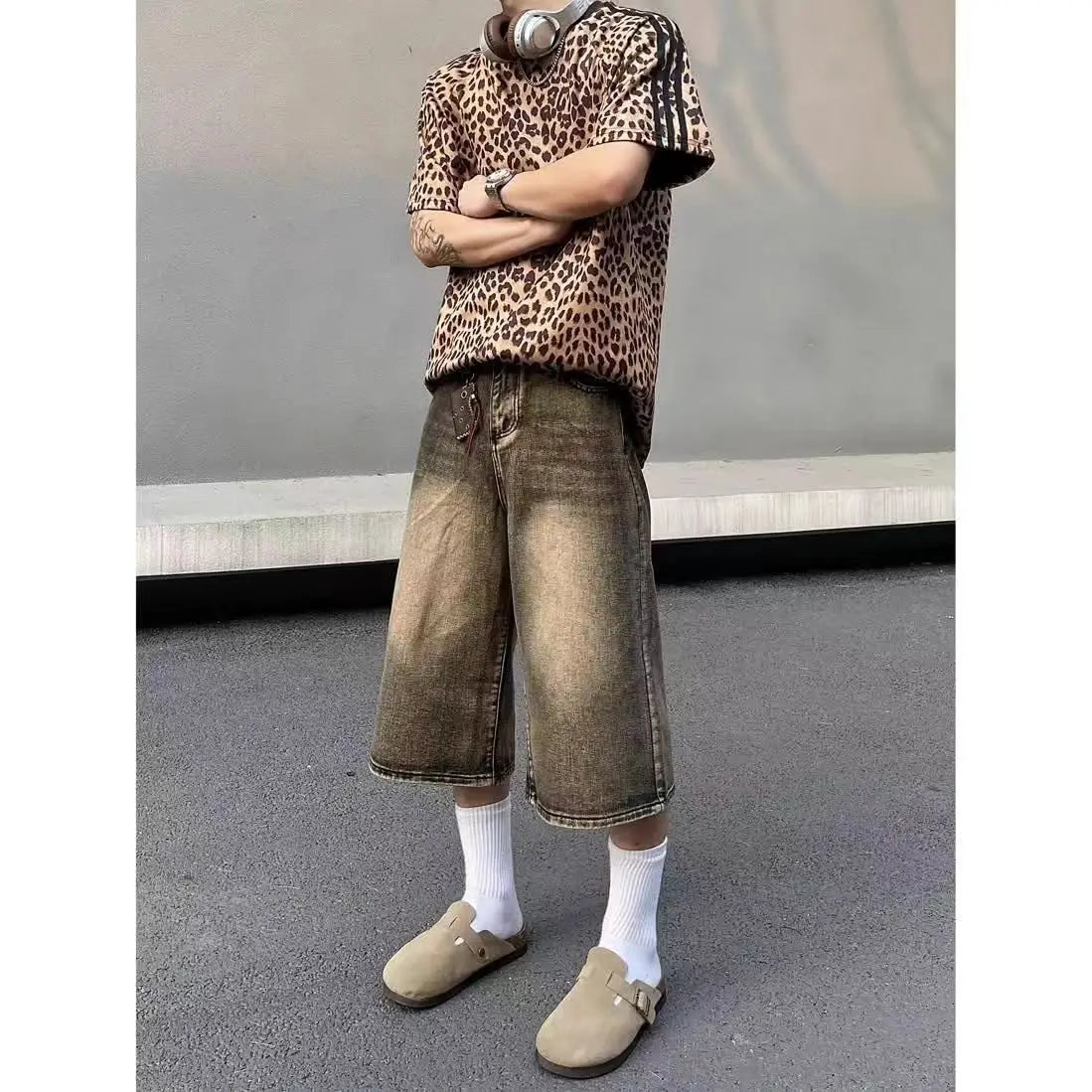 American retro cropped men wide leg jeans