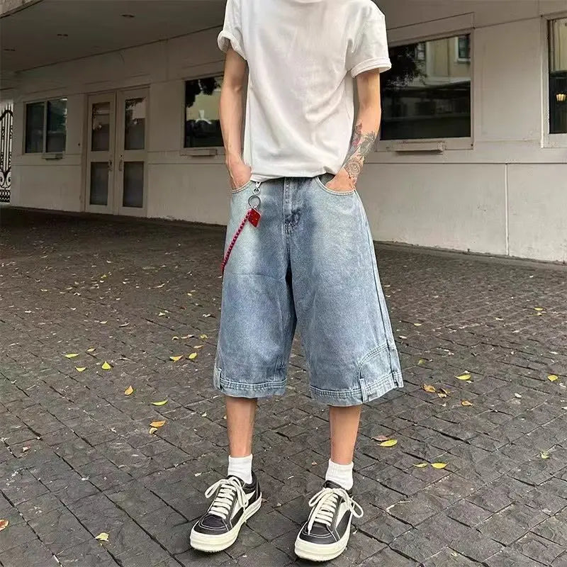 Hip Hop Retro Waist Inverted Design Men Denim Shorts