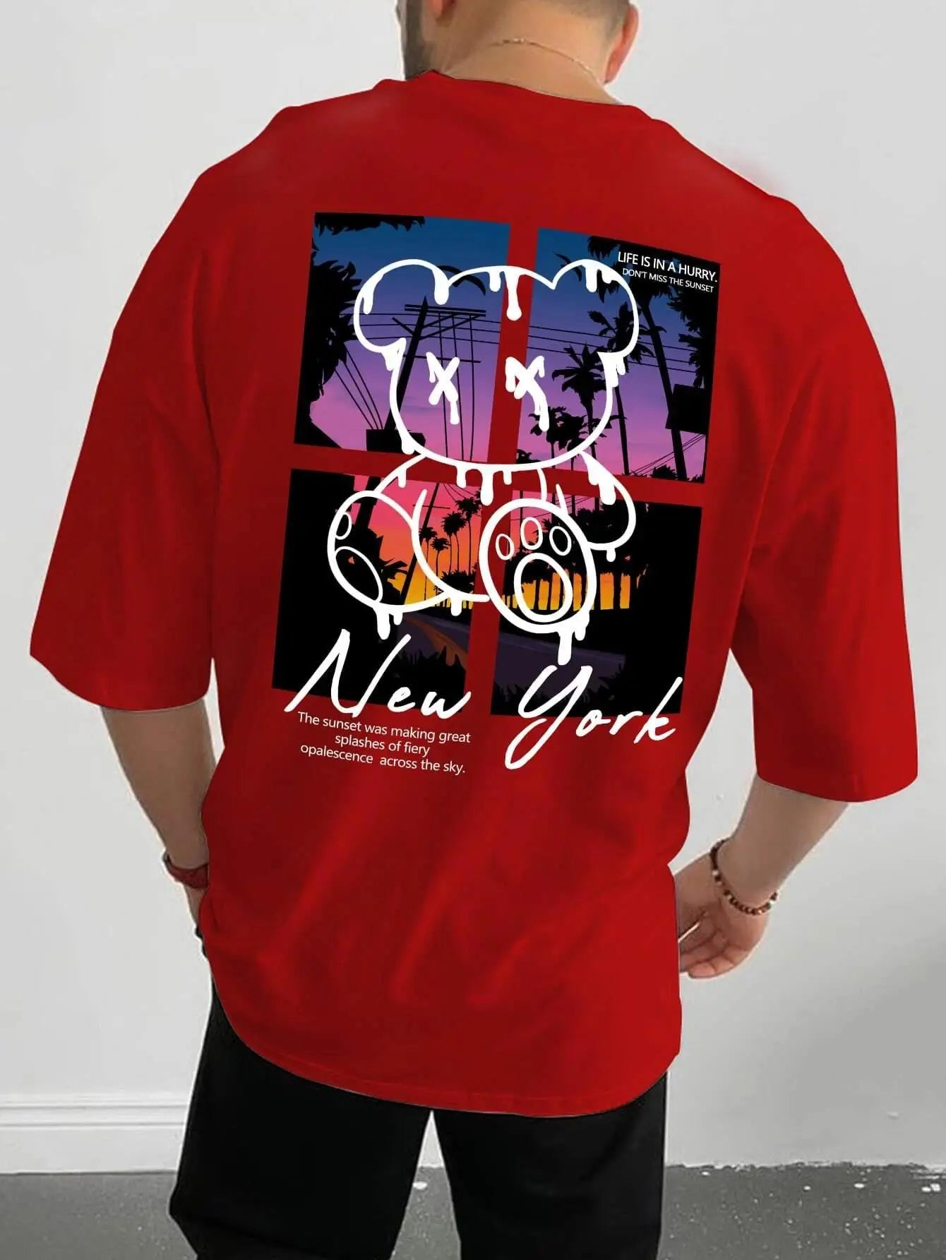 New York Art Word Cartoon Bear Sunset Scenery Design T Shirts