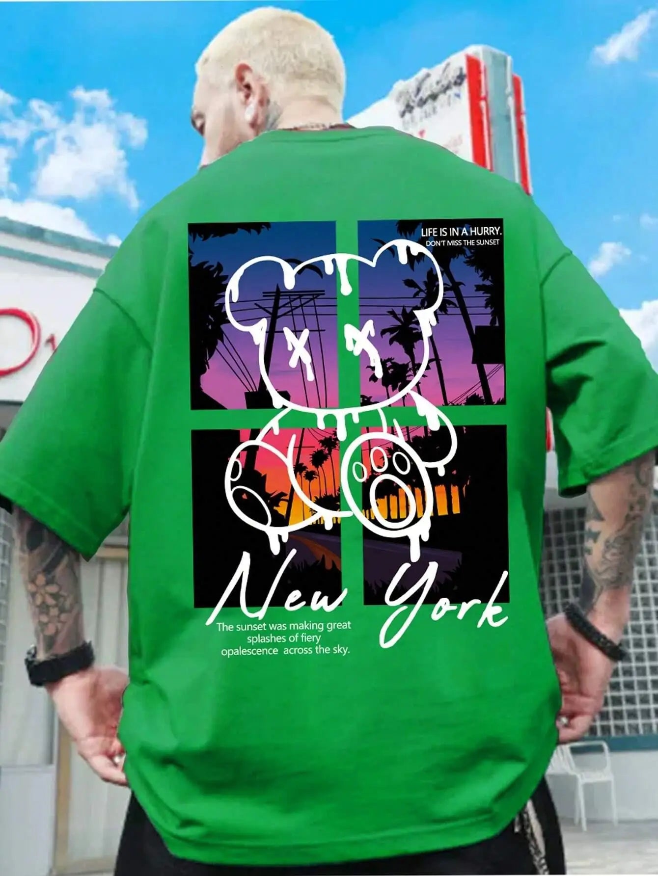 New York Art Word Cartoon Bear Sunset Scenery Design T Shirts