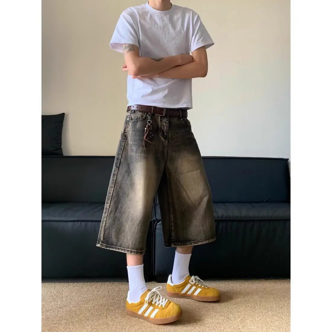 American retro cropped men wide leg jeans