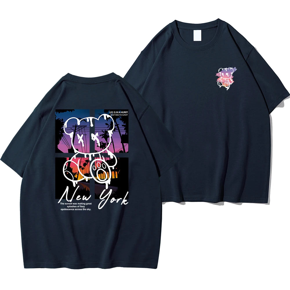 New York Art Word Cartoon Bear Sunset Scenery Design T Shirts