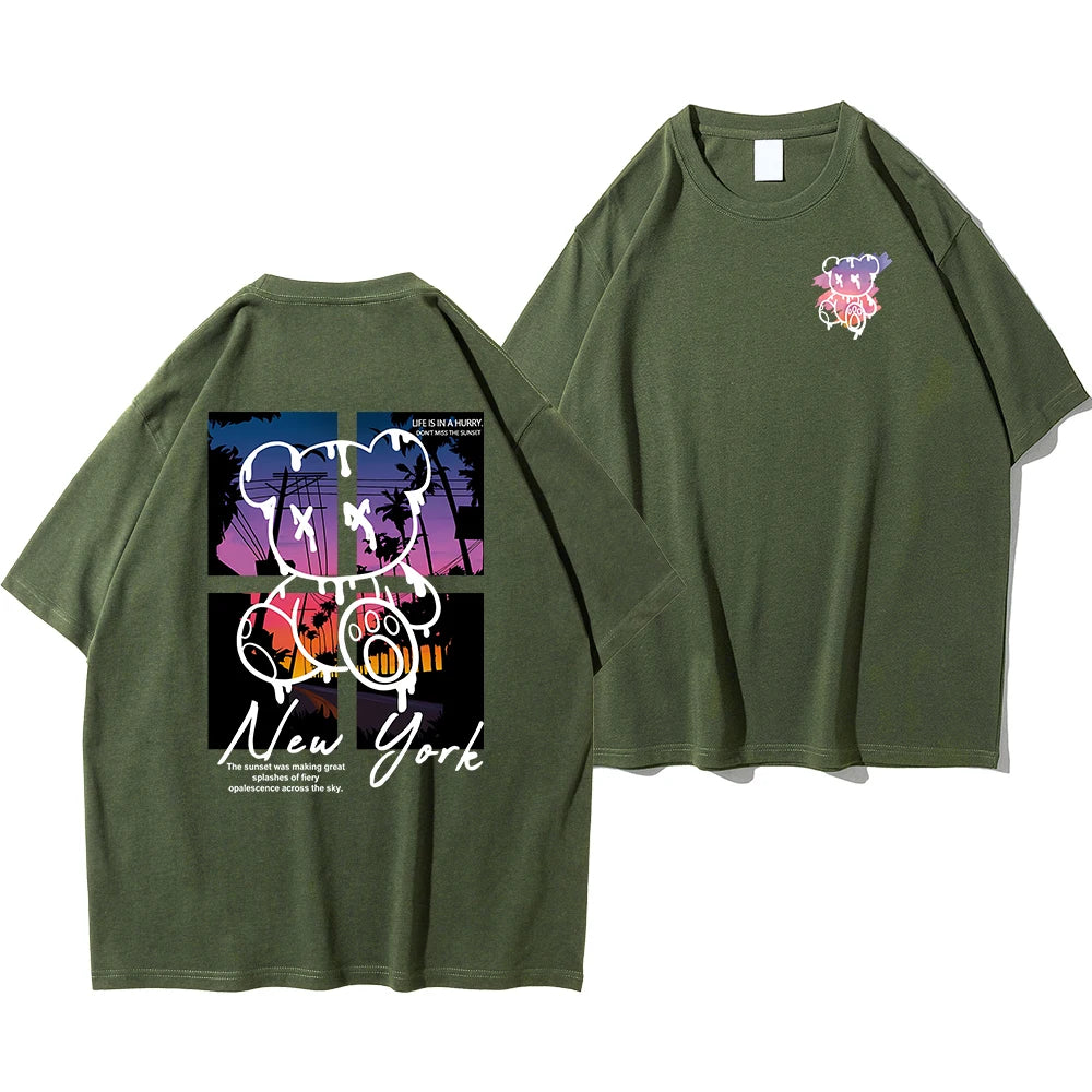 New York Art Word Cartoon Bear Sunset Scenery Design T Shirts