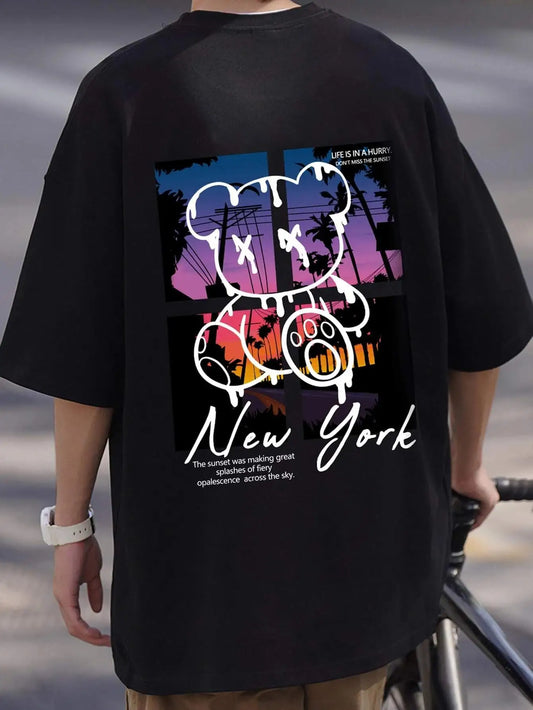 New York Art Word Cartoon Bear Sunset Scenery Design T Shirts